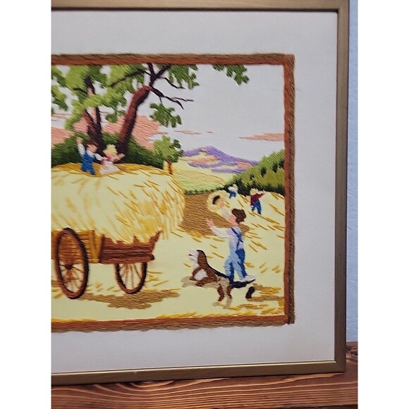 Vintage 1992 Crewel Harvesting the Hey Finished Framed Sunset Stitchery - Picture 5 of 11